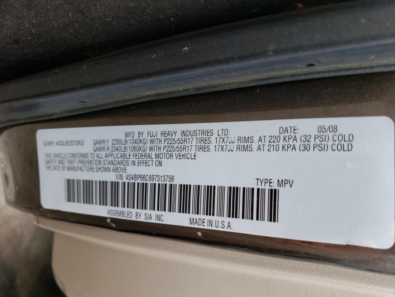 Photo 10 from auction – 2009 SUBARU OUTBACK 2. with VIN 4S4BP66C697313756