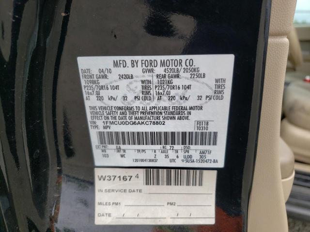 Photo 10 from auction – 2010 FORD ESCAPE XLT with VIN 1FMCU0DG6AKC78802