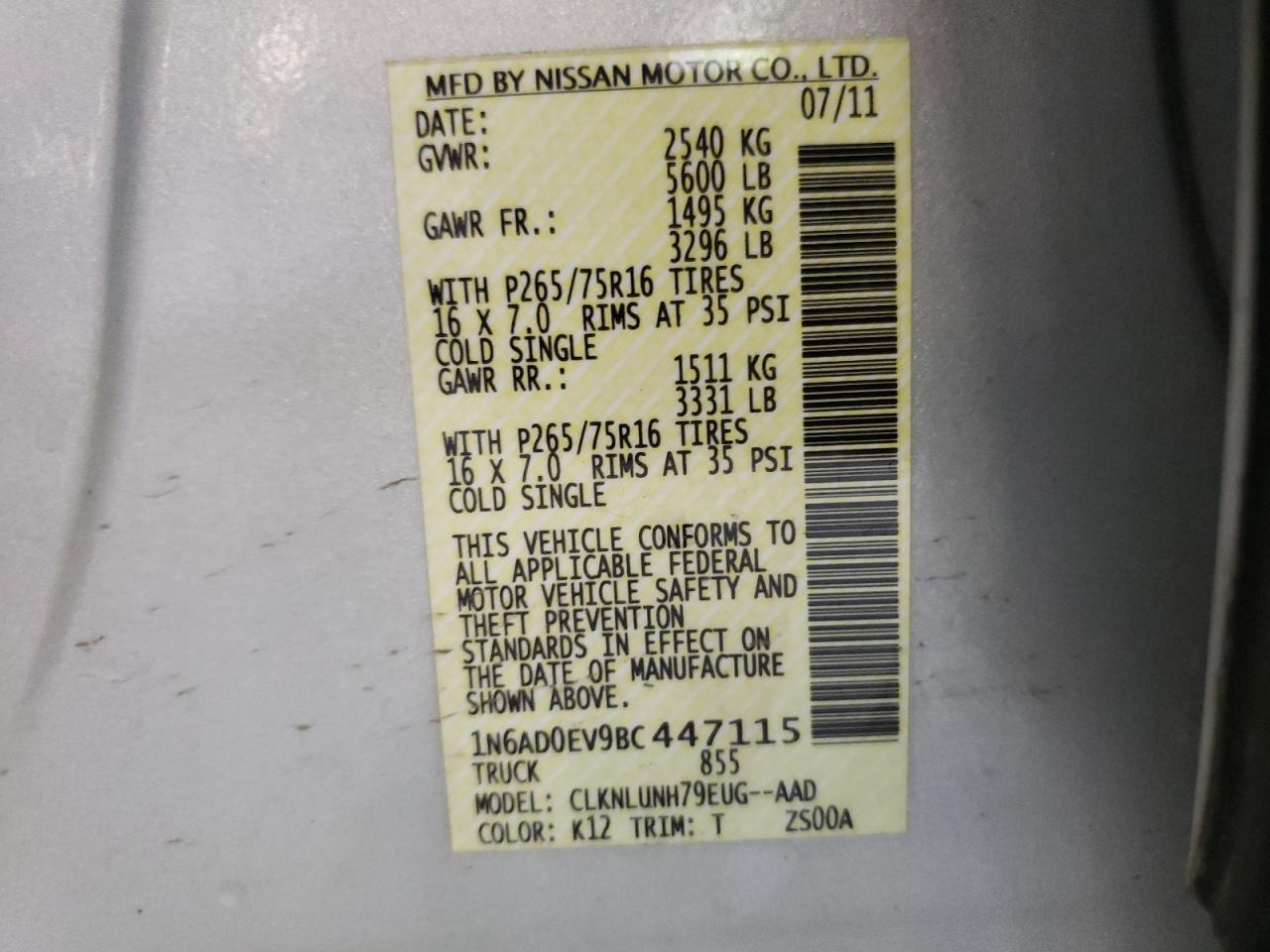 Foto 10 de la subasta – 2011 NISSAN FRONTIER S con VIN 1N6AD0EV9BC447115