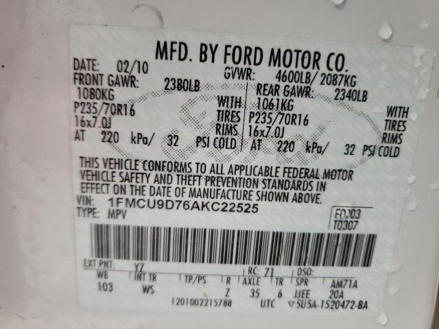 Photo 10 from auction – 2010 FORD ESCAPE XLT with VIN 1FMCU9D76AKC22525