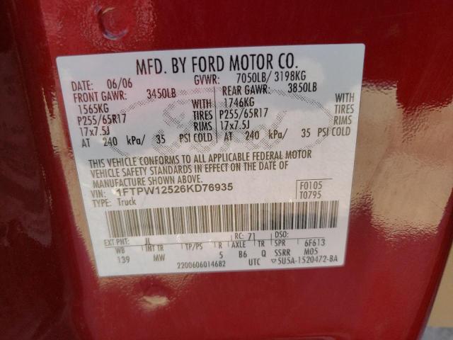 Photo 10 from auction – 2006 FORD F150 SUPER with VIN 1FTPW12526KD76935
