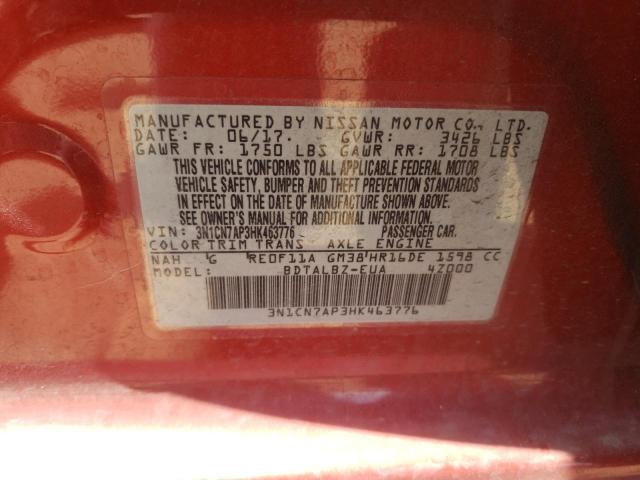 Photo 10 from auction – 2017 NISSAN VERSA S with VIN 3N1CN7AP3HK463776