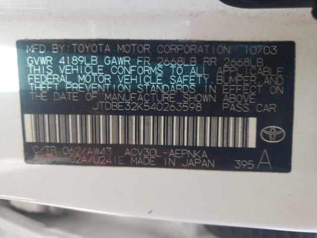 Photo 10 from auction – 2004 TOYOTA CAMRY LE with VIN JTDBE32K540263598