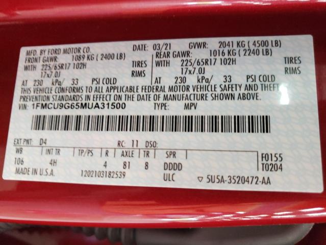 Photo 10 from auction – 2021 FORD ESCAPE SE with VIN 1FMCU9G65MUA31500