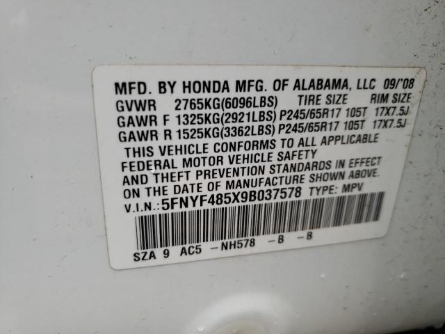 Photo 10 from auction – 2009 HONDA PILOT EXL with VIN 5FNYF485X9B037578