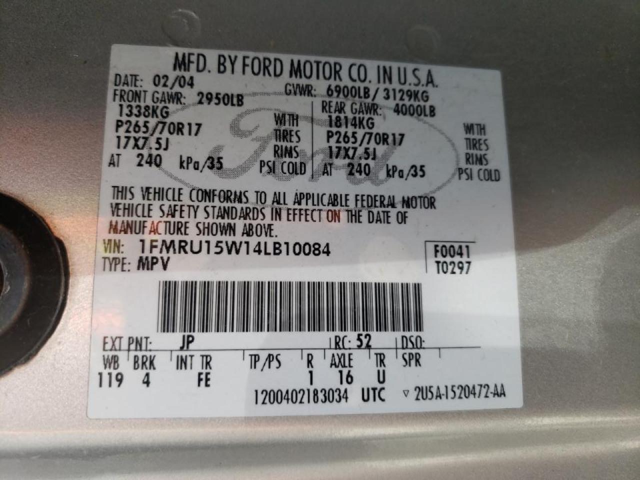 Photo 19 from auction – 2004 FORD EXPEDITION with VIN 1FMRU15W14LB10084