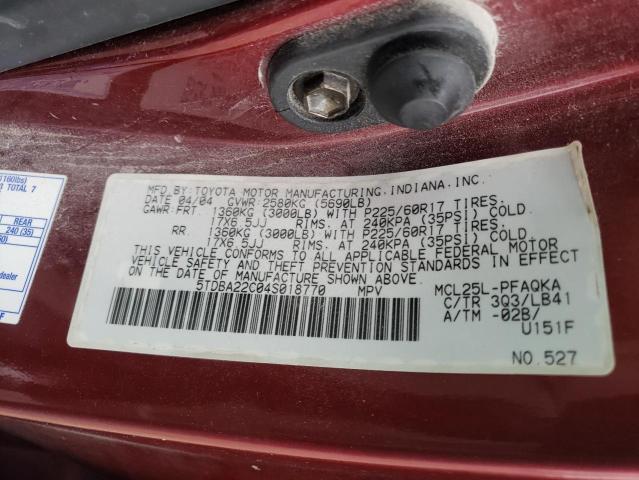 Photo 10 from auction – 2004 TOYOTA SIENNA XLE with VIN 5TDBA22C04S018770