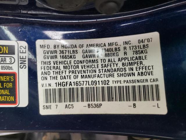 Photo 10 from auction – 2007 HONDA CIVIC LX with VIN 1HGFA16577L091102