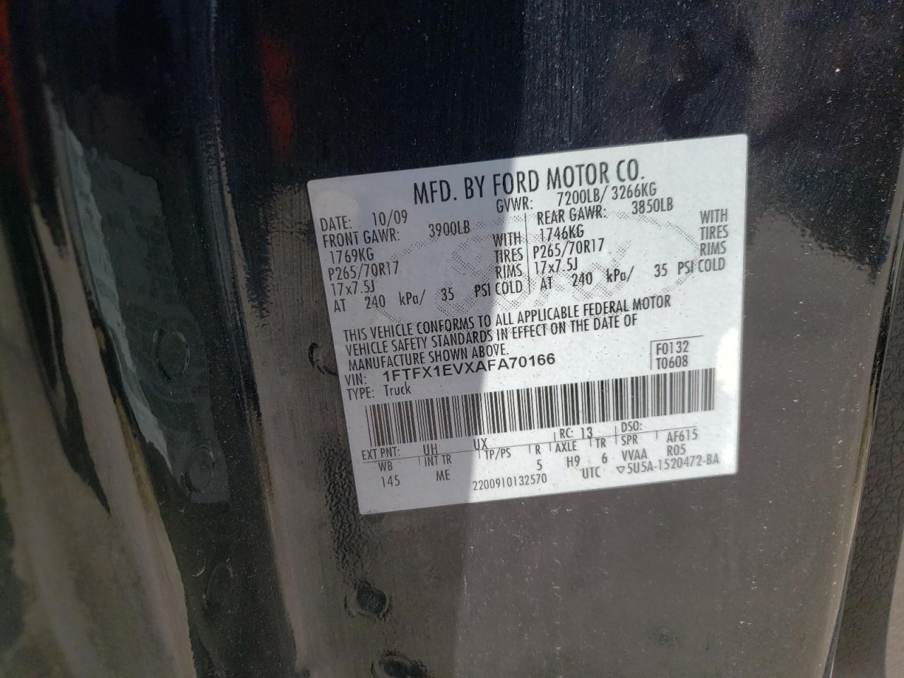 Photo 11 from auction – 2010 FORD F150 SUPER with VIN 1FTFX1EVXAFA70166