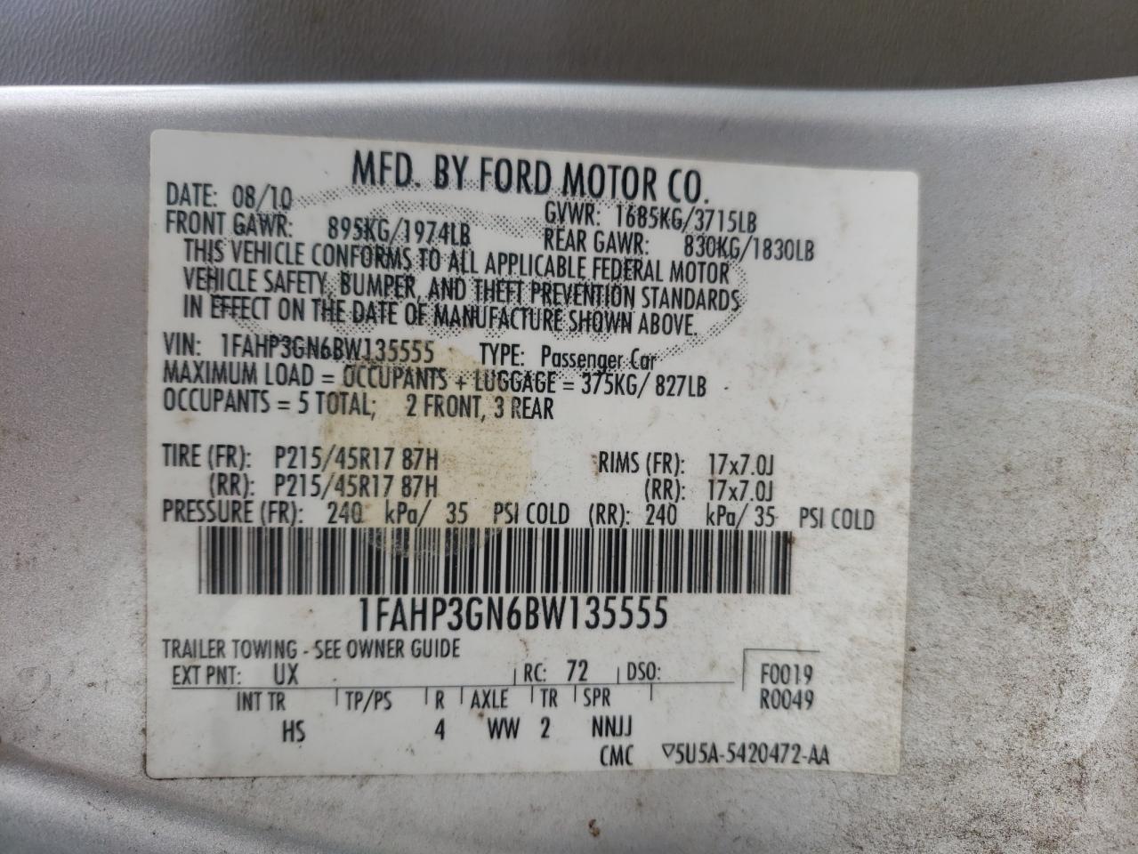 Photo 11 from auction – 2011 FORD FOCUS SES with VIN 1FAHP3GN6BW135555