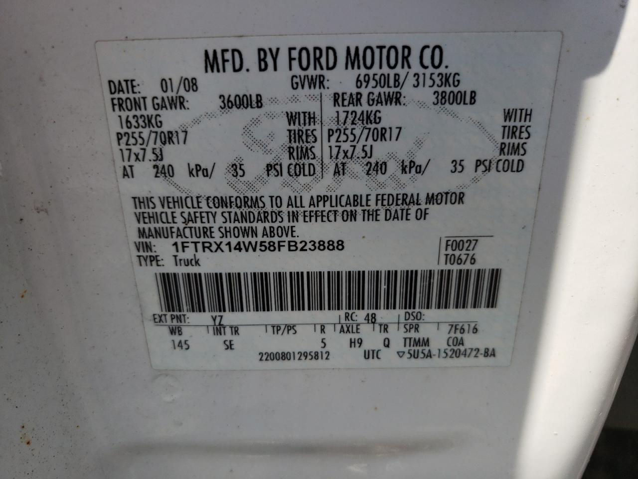 Photo 11 from auction – 2008 FORD F150 with VIN 1FTRX14W58FB23888