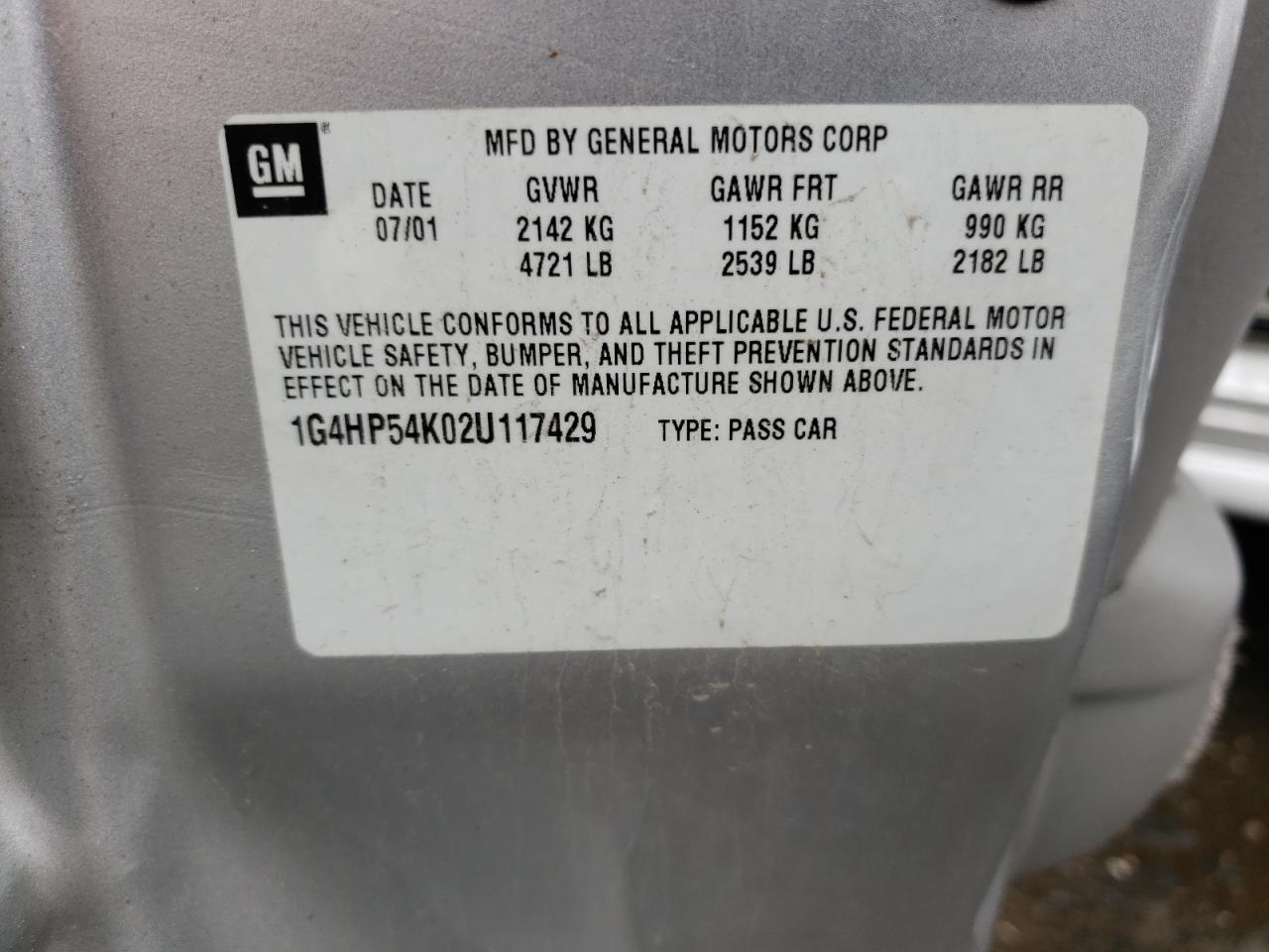 Photo 11 from auction – 2002 BUICK LESABRE CU with VIN 1G4HP54K02U117429