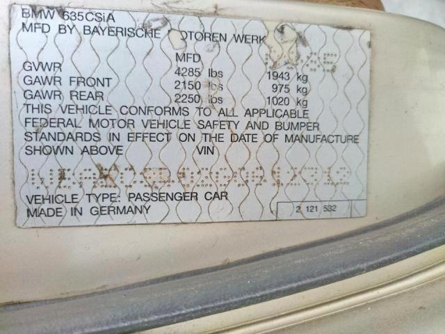 Photo 10 from auction – 1986 BMW 635 CSI AU with VIN WBAEC8402G0612312