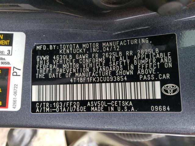 Photo 10 from auction – 2012 TOYOTA CAMRY BASE with VIN 4T1BF1FK3CU093854