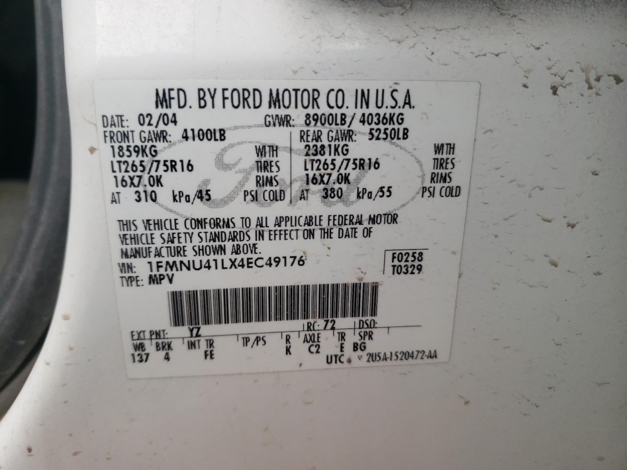 Photo 11 from auction – 2004 FORD EXCURSION with VIN 1FMNU41LX4EC49176