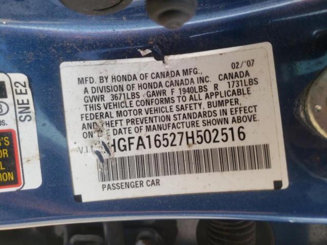 Photo 10 from auction – 2007 HONDA CIVIC LX with VIN 2HGFA16527H502516