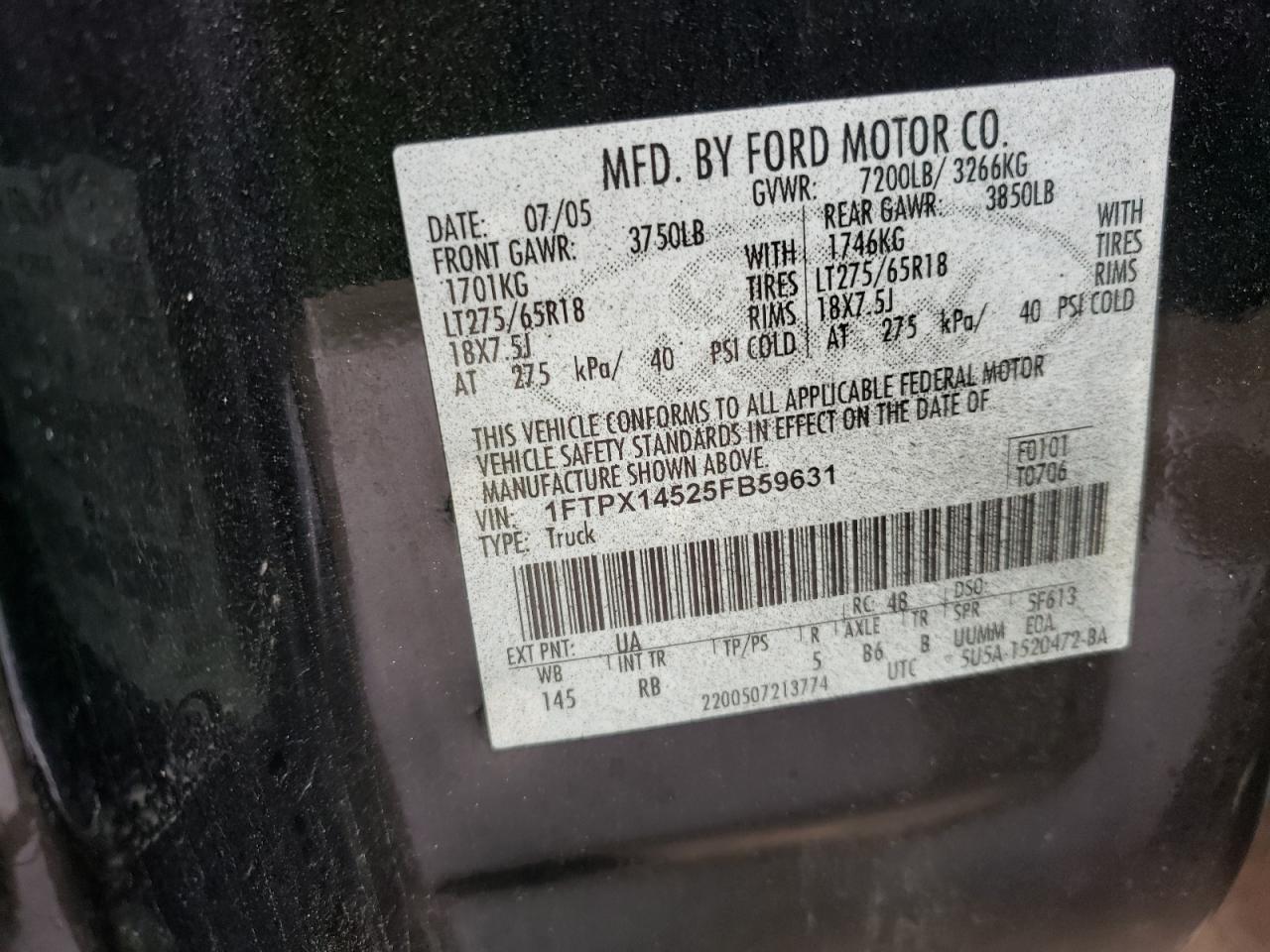 Photo 11 from auction – 2005 FORD F150 with VIN 1FTPX14525FB59631