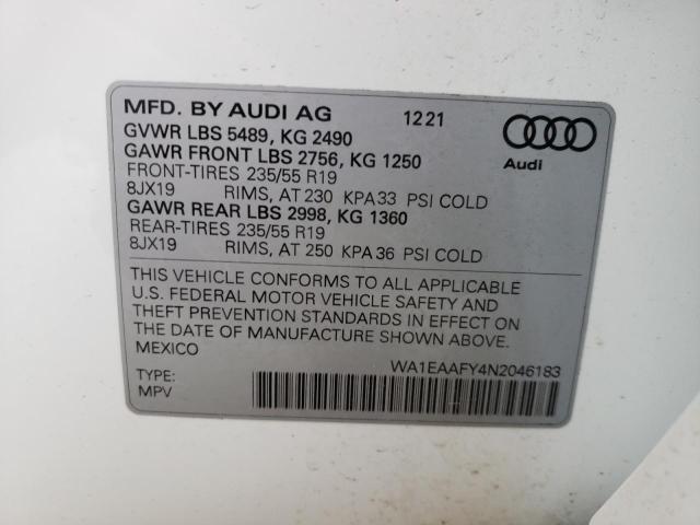 Photo 10 from auction – 2022 AUDI Q5 PREMIUM with VIN WA1EAAFY4N2046183