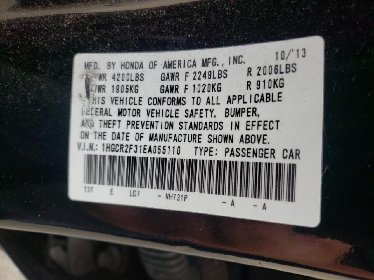 Photo 19 from auction – 2014 HONDA ACCORD LX with VIN 1HGCR2F31EA055110
