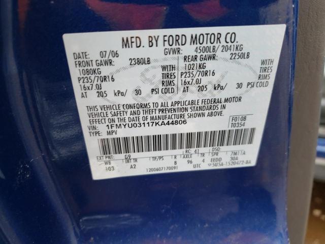 FORD ESCAPE XLT 2007 with VIN 1FMYU03117KA44806 - Photo from auction