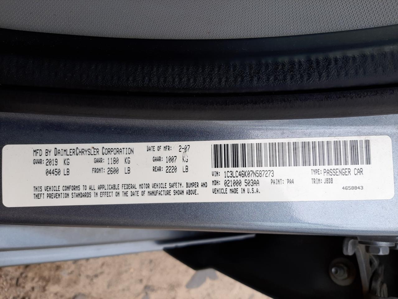 Photo 10 from auction – 2007 CHRYSLER SEBRING with VIN 1C3LC46K07N587273