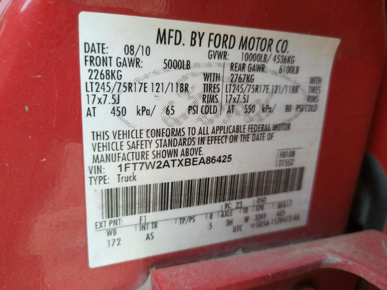 Photo 11 from auction – 2011 FORD F250 SUPER with VIN 1FT7W2ATXBEA86425