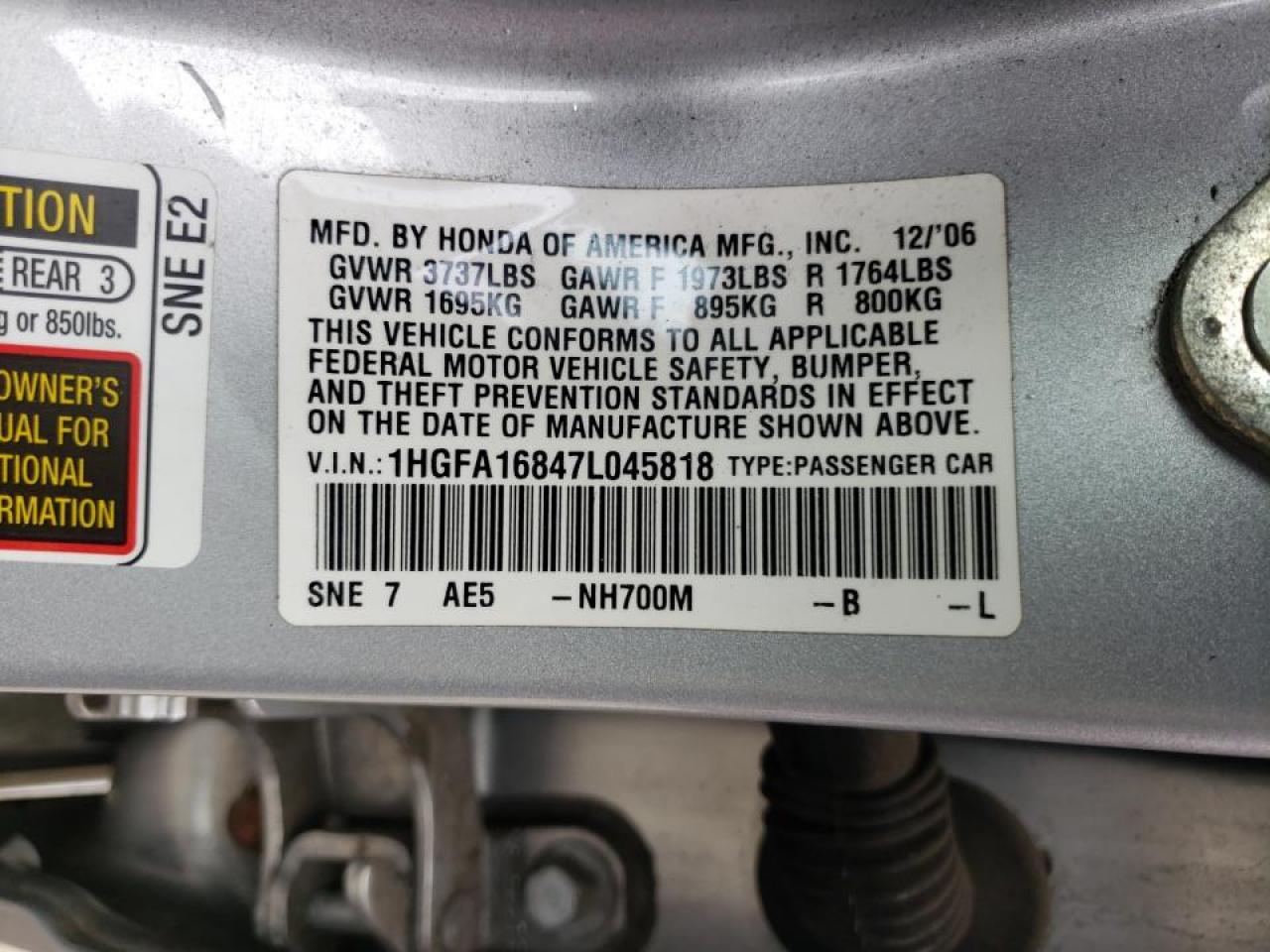 Photo 20 from auction – 2007 HONDA CIVIC EX with VIN 1HGFA16847L045818