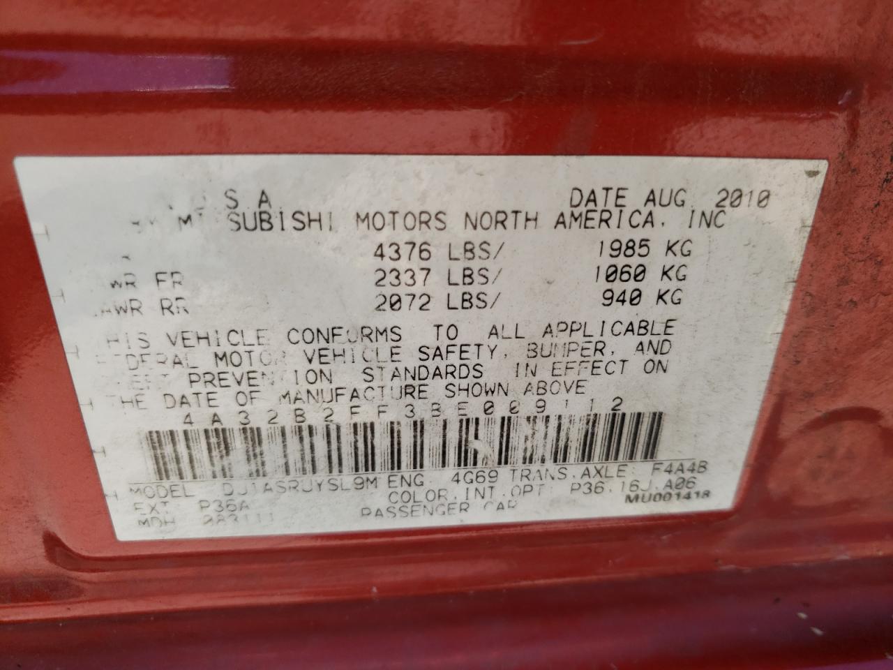 Photo 11 from auction – 2011 MITSUBISHI GALANT FE with VIN 4A32B2FF3BE009112