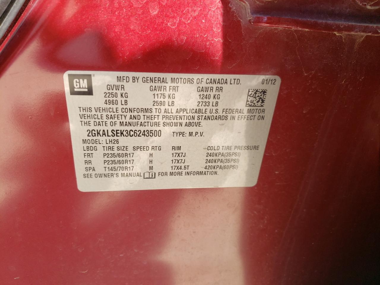 Photo 10 from auction – 2012 GMC TERRAIN SL with VIN 2GKALSEK3C6243500