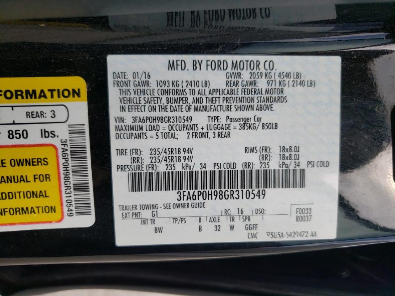 Photo 20 from auction – 2016 FORD FUSION SE with VIN 3FA6P0H98GR310549