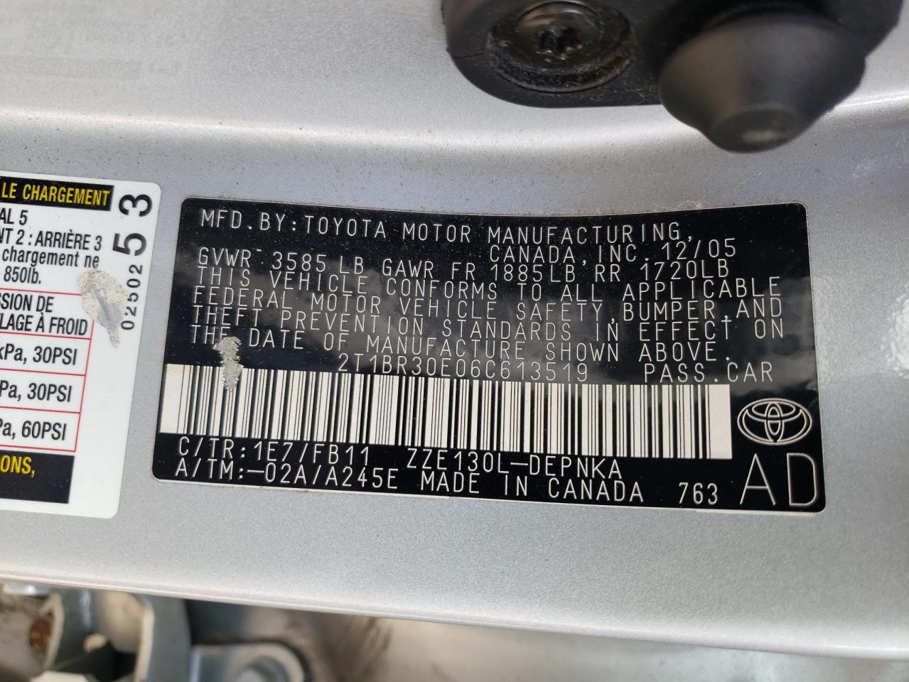 Photo 11 from auction – 2006 TOYOTA COROLLA CE with VIN 2T1BR30E06C613519