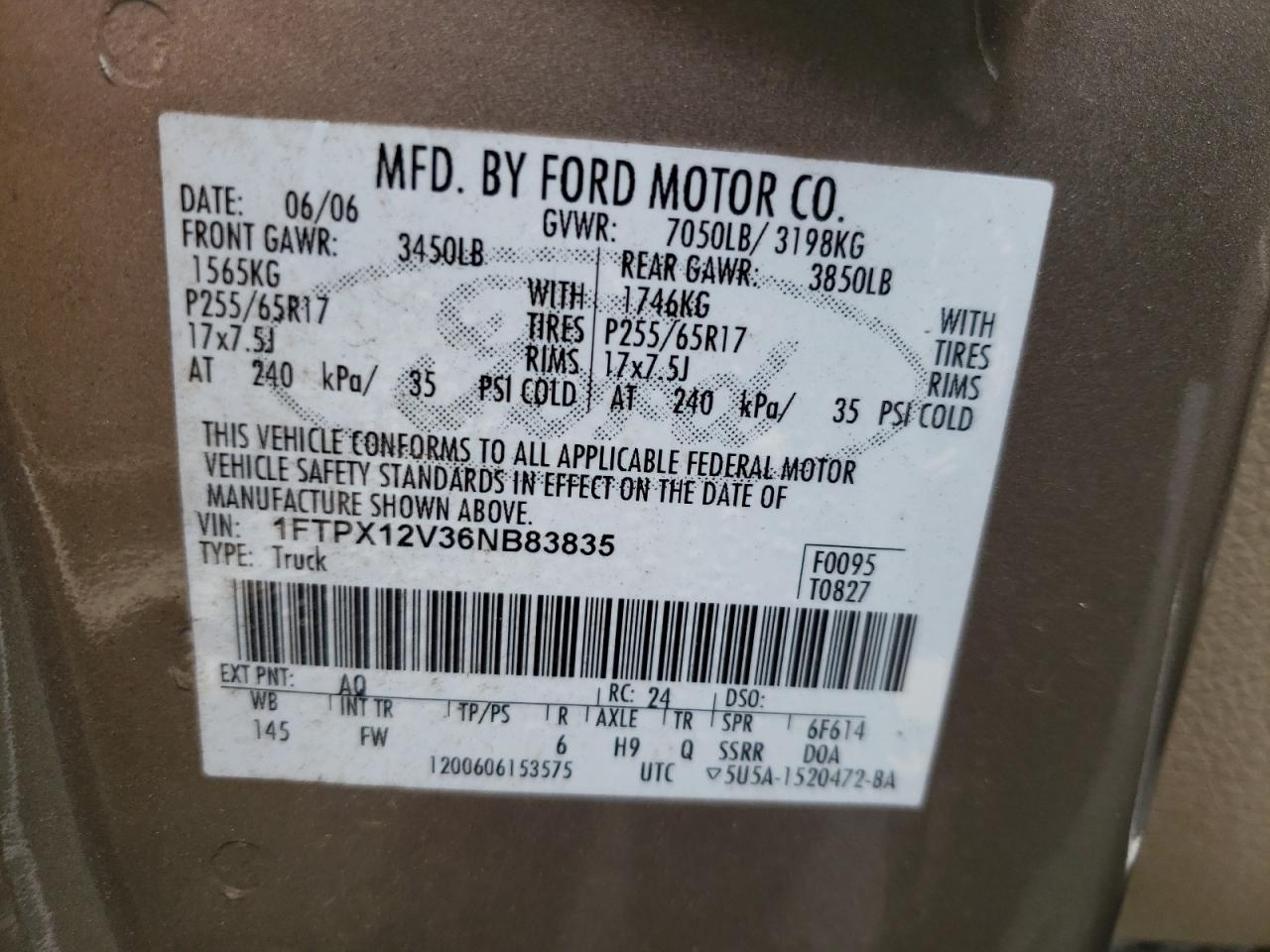 Photo 11 from auction – 2006 FORD F150 with VIN 1FTPX12V36NB83835