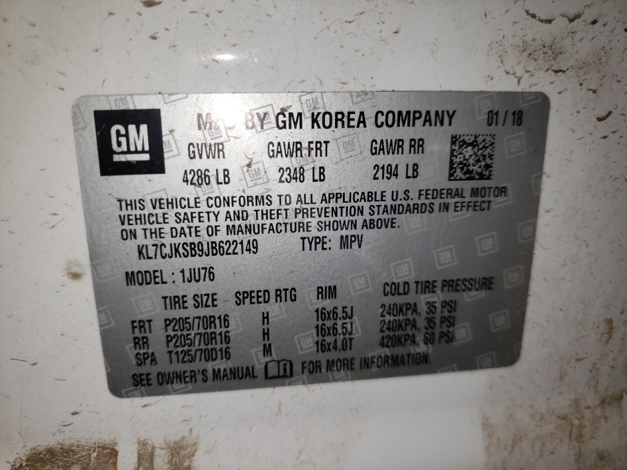 Photo 11 from auction – 2018 CHEVROLET TRAX LS with VIN KL7CJKSB9JB622149