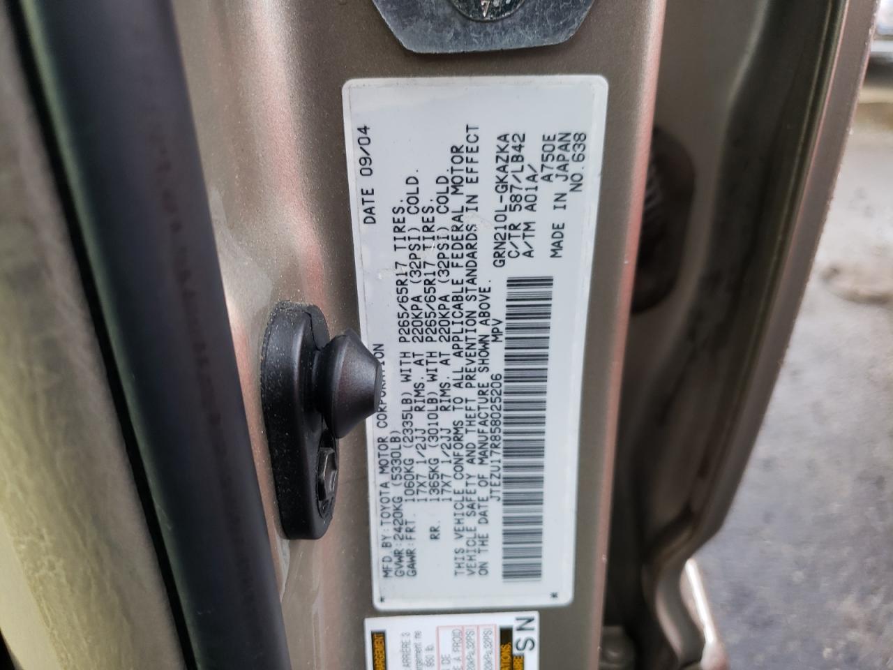 Photo 11 from auction – 2005 TOYOTA 4RUNNER LI with VIN JTEZU17R858025206