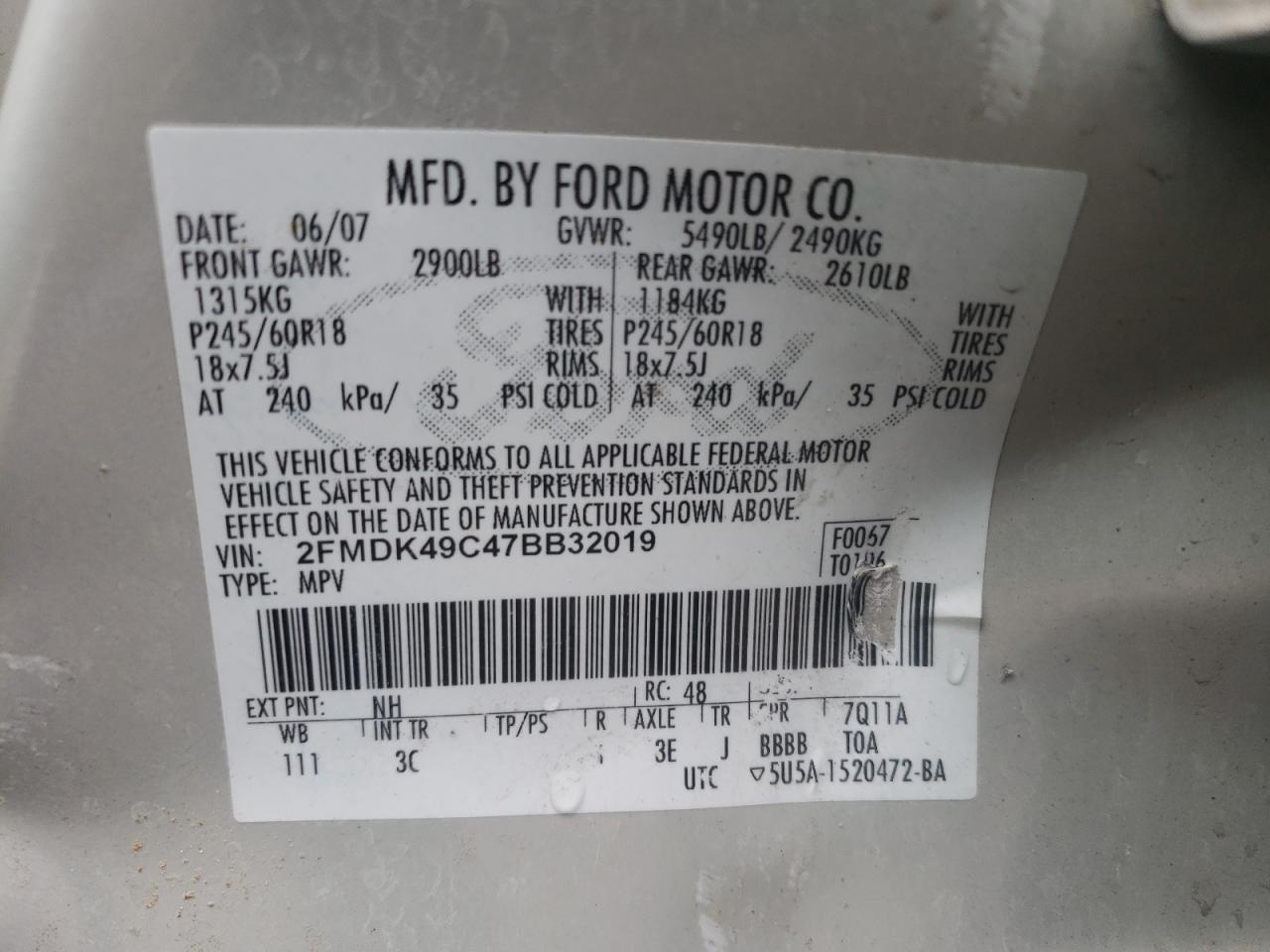 Photo 11 from auction – 2007 FORD EDGE SEL P with VIN 2FMDK49C47BB32019