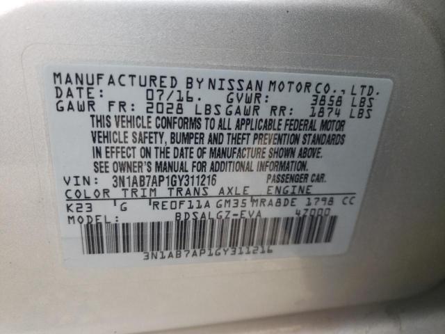 Photo 10 from auction – 2016 NISSAN SENTRA S with VIN 3N1AB7AP1GY311216