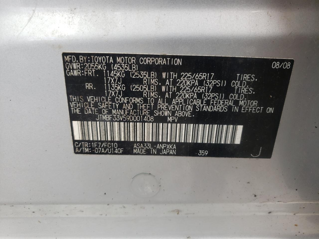 Photo 11 from auction – 2009 TOYOTA RAV4 with VIN JTMBF33V59D001408