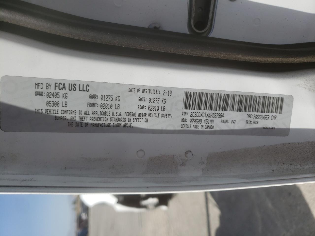 Photo 11 from auction – 2019 DODGE CHARGER R/ with VIN 2C3CDXCTXKH597984