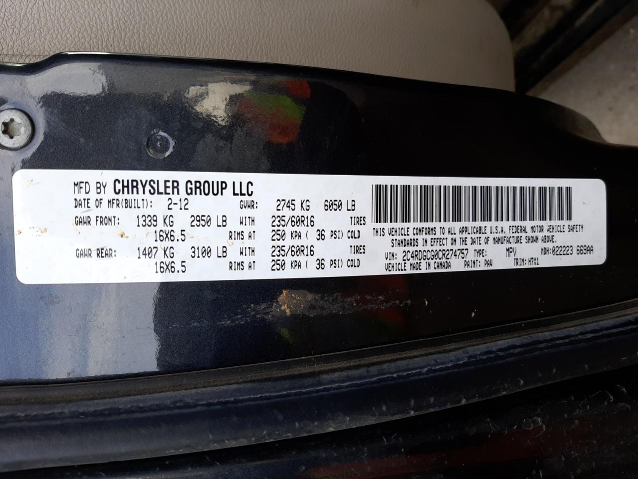 Photo 11 from auction – 2012 DODGE GRAND CARA with VIN 2C4RDGCG0CR274757
