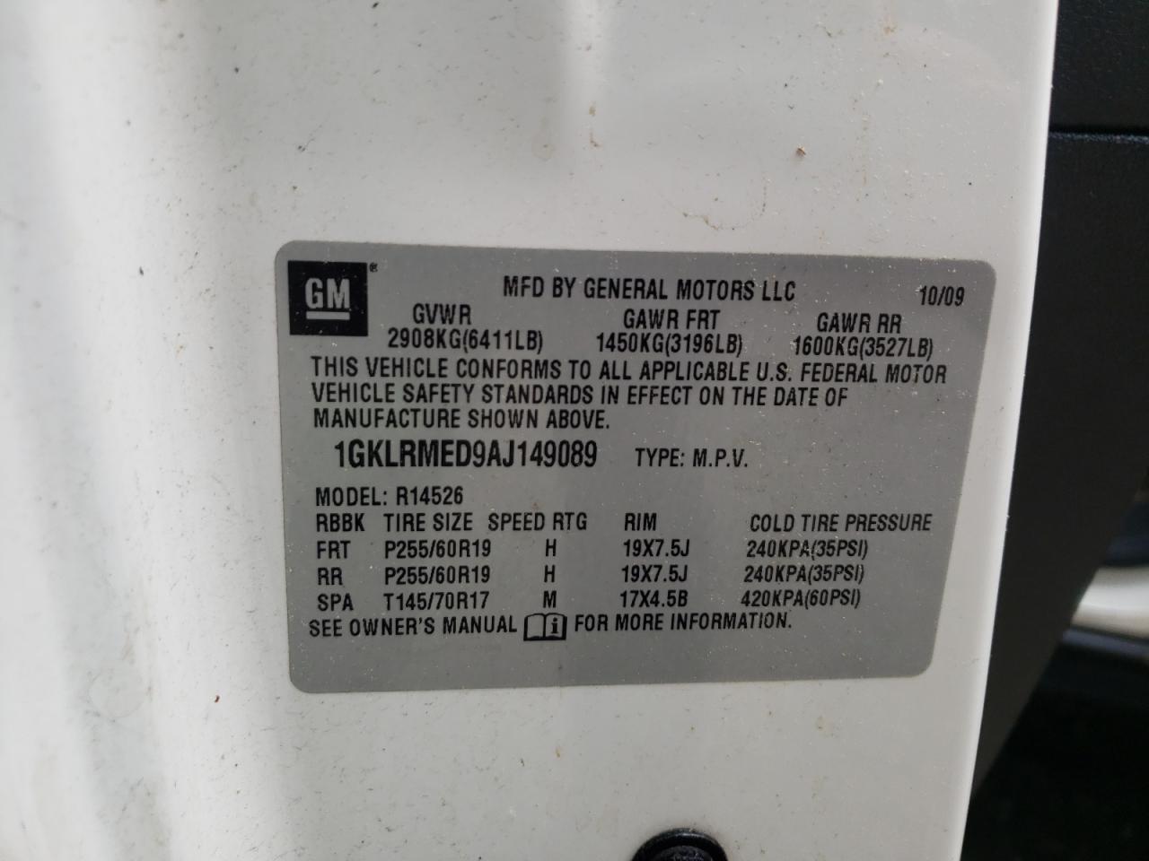 Photo 11 from auction – 2010 GMC ACADIA with VIN 1GKLRMED9AJ149089