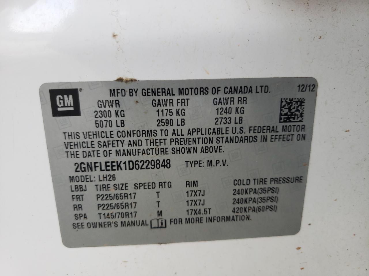 Photo 11 from auction – 2013 CHEVROLET EQUINOX LT with VIN 2GNFLEEK1D6229848