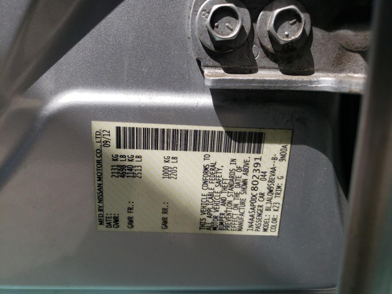 Photo 10 from auction – 2013 NISSAN MAXIMA S with VIN 1N4AA5AP0DC802391