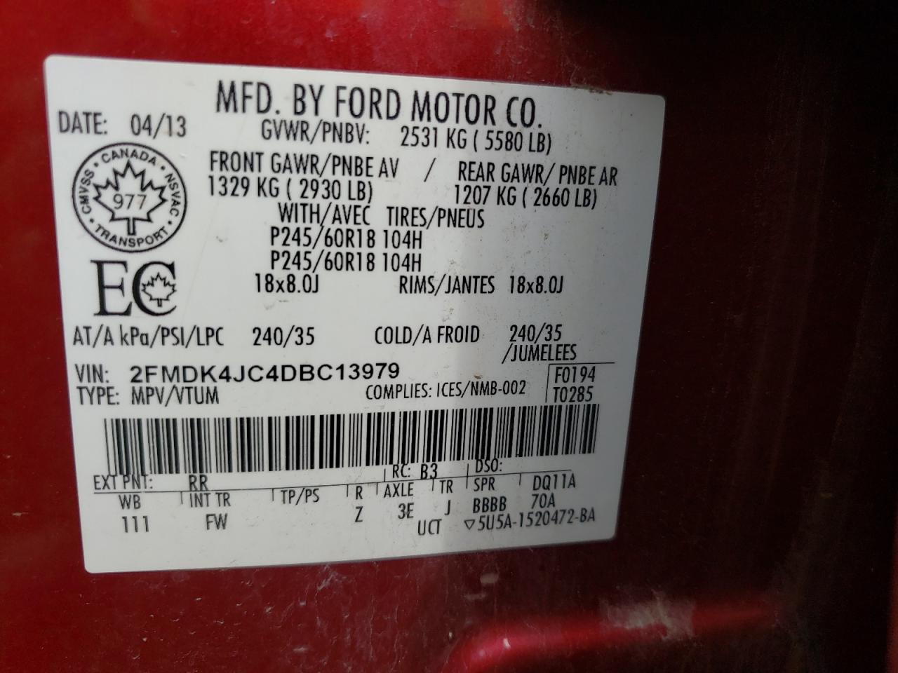 Photo 11 from auction – 2013 FORD EDGE SEL with VIN 2FMDK4JC4DBC13979
