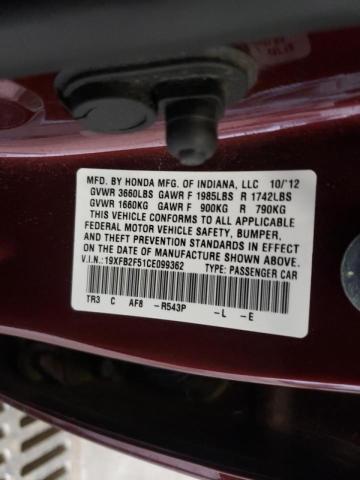 Photo 10 from auction – 2012 HONDA CIVIC LX with VIN 19XFB2F51CE099362
