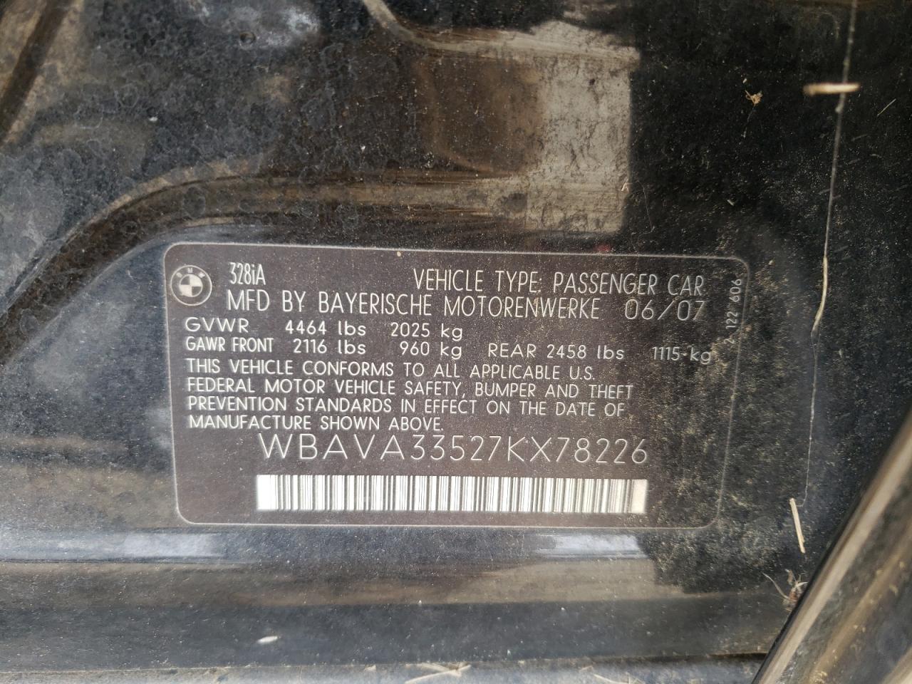 Photo 10 from auction – 2007 BMW 328 I with VIN WBAVA33527KX78226