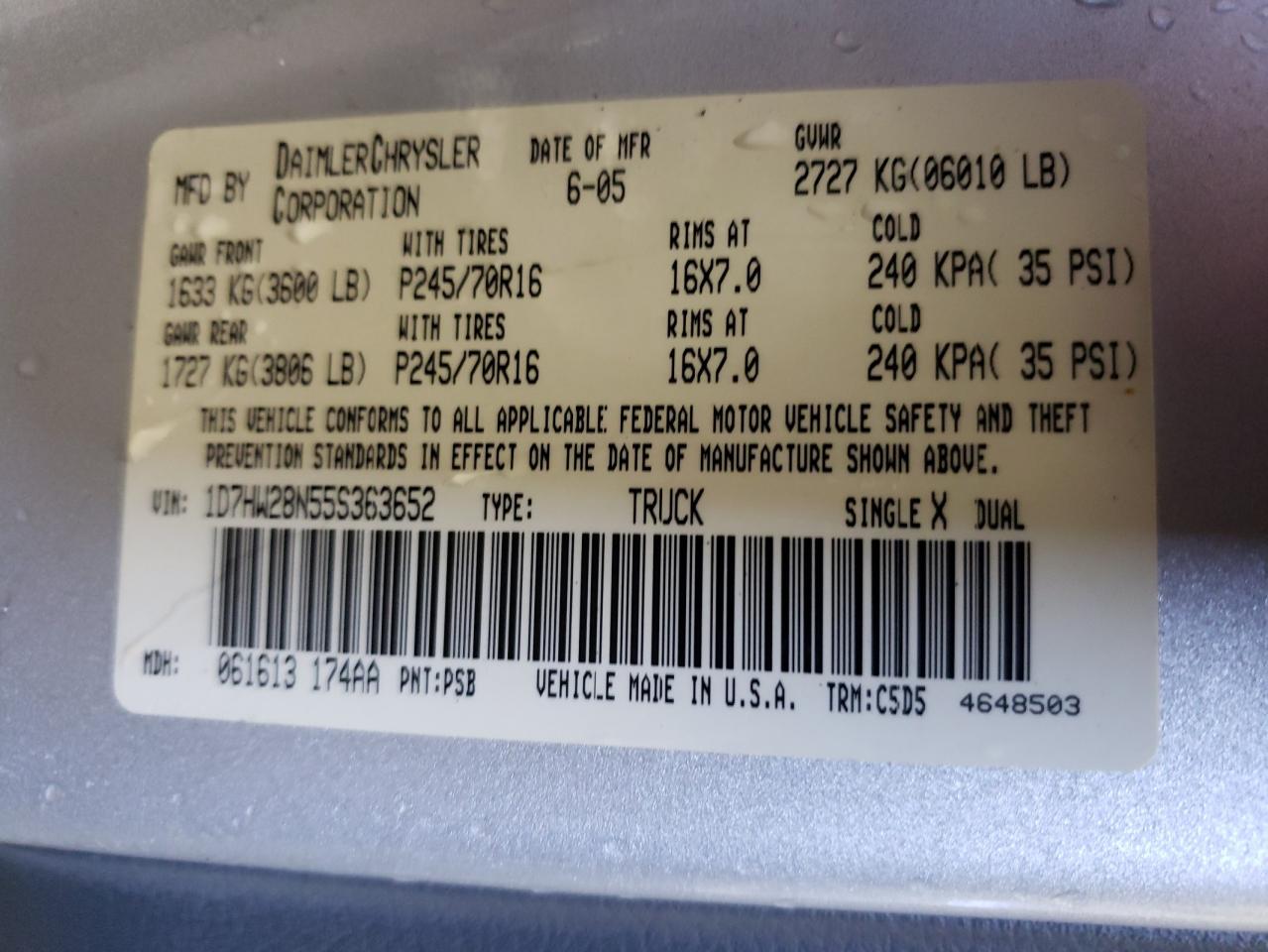 Photo 11 from auction – 2005 DODGE DAKOTA QUA with VIN 1D7HW28N55S363652