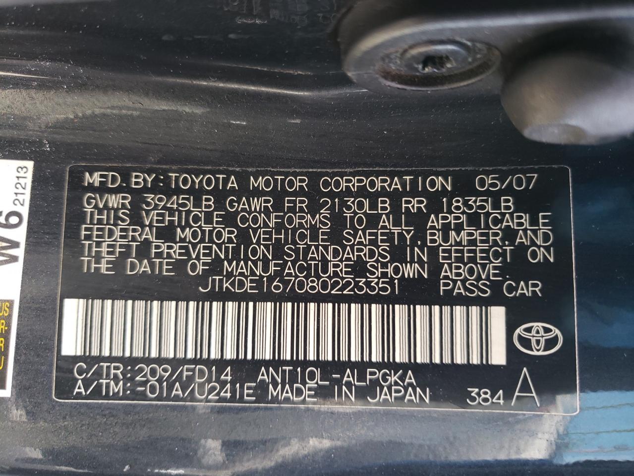 Photo 10 from auction – 2008 TOYOTA SCION TC with VIN JTKDE167080223351