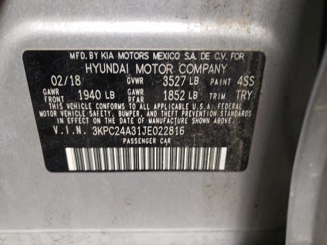 Photo 10 from auction – 2018 HYUNDAI ACCENT SE with VIN 3KPC24A31JE022816