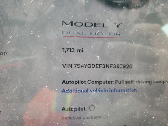 Photo 8 from auction – 2022 TESLA MODEL Y with VIN 7SAYGDEF3NF387920