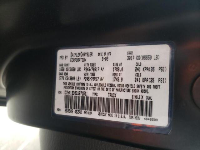 Photo 10 from auction – 2003 DODGE RAM 1500 S with VIN 1D7HA18D03J671511